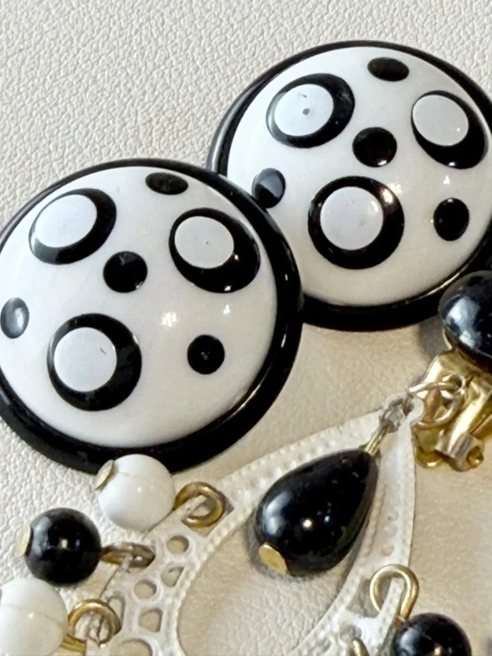 VINTAGE MCM tuxedo glam earring trio set estate jewelry clip enamel dangle bead
